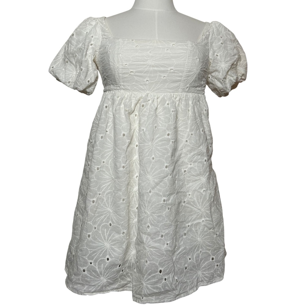 Princess Polly White Eyelet Puff‎ Sleeve Square Neck Mini Dress Women's Size 0